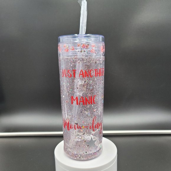Mom Skinny Tumbler 18 Oz Manic Day Fuel Snow Globe Glitter Love Cold Cup - Picture 1 of 6